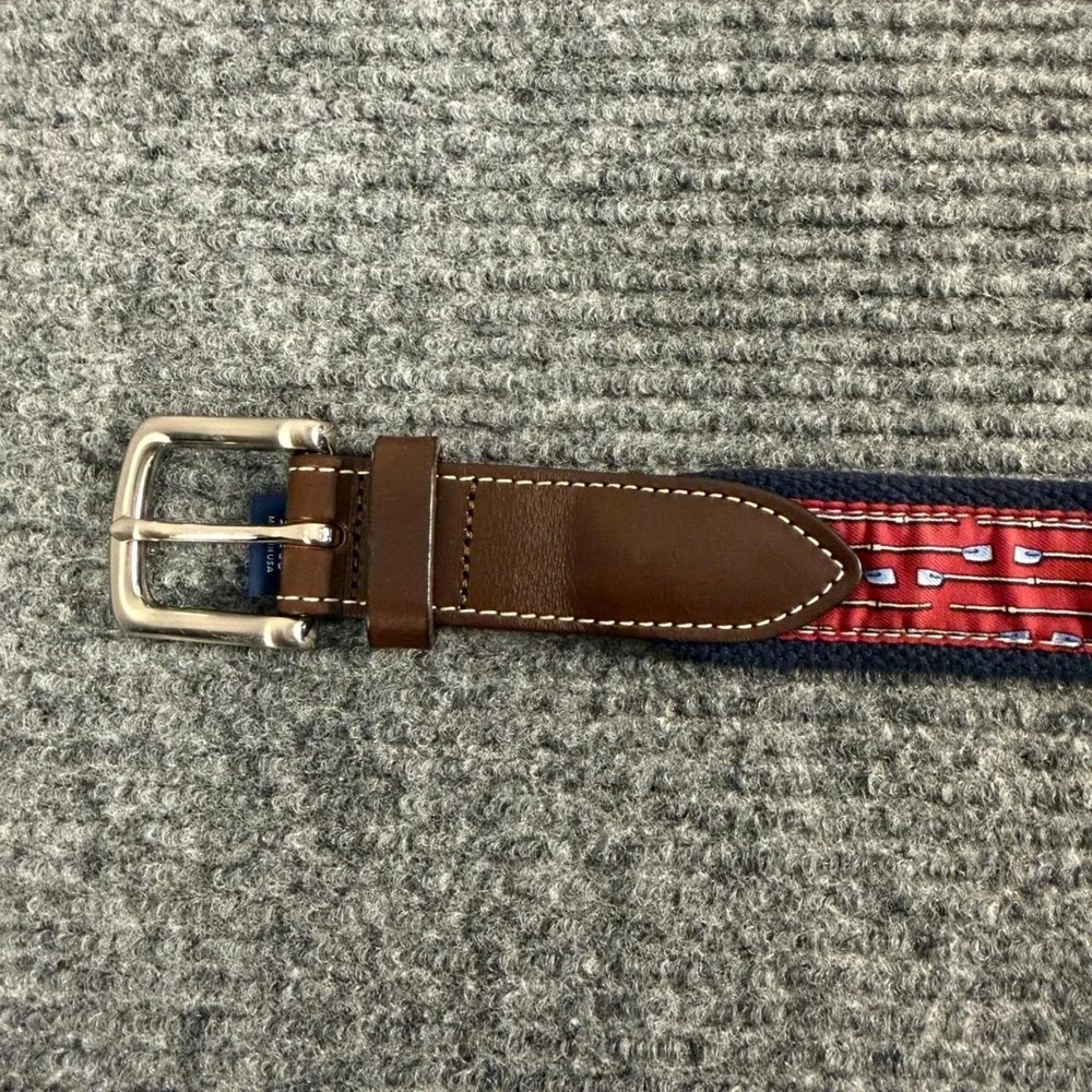 Vineyard Vines Mens Navy Red Oar Rowing Canvas Leather Club Belt Size 30 USA